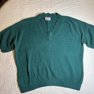 Vintage Teal Green V-Neck Short Sleeve Sweater Pointelle Trim Sleeve Knit XL